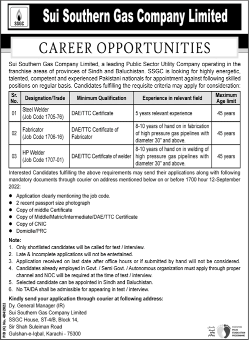 SSGC Jobs August 2022 Steel / HP Welders & Fabricator Sui Southern Gas Company Limited Latest