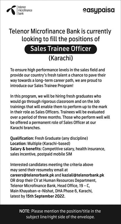 Sales Trainee Officer Jobs in Telenor Microfinance Bank Karachi August 2022 Latest