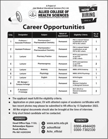 Allied College of Health Sciences Multan Jobs 2022 September Teaching Faculty & Others Latest