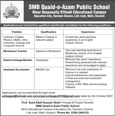 SMB Quaid e Azam Public School Karachi Jobs 2022 September Lecturers & Others Latest