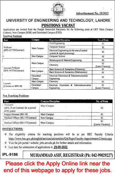 UET Jobs September 2022 Online Apply University of Engineering and Technology Teaching Faculty & Others Latest