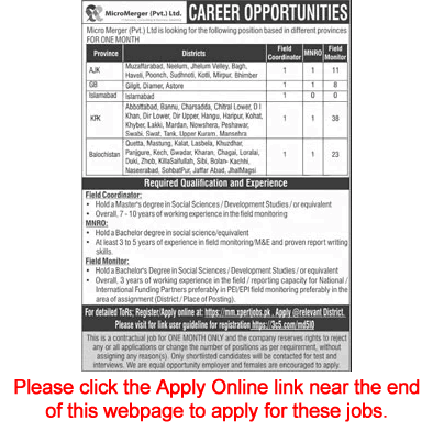 Micromerger Pakistan Jobs 2022 September Apply Online Field Monitors & Others Latest