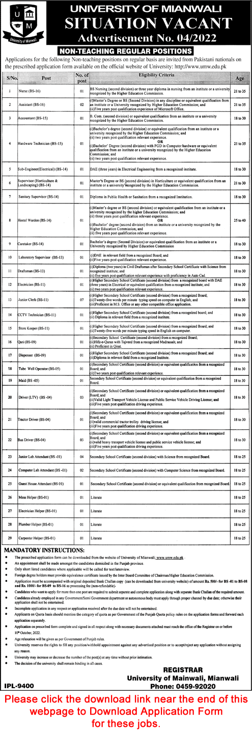 University of Mianwali Jobs September 2022 Application Form Clerks, Attendant, Drivers & Others Latest