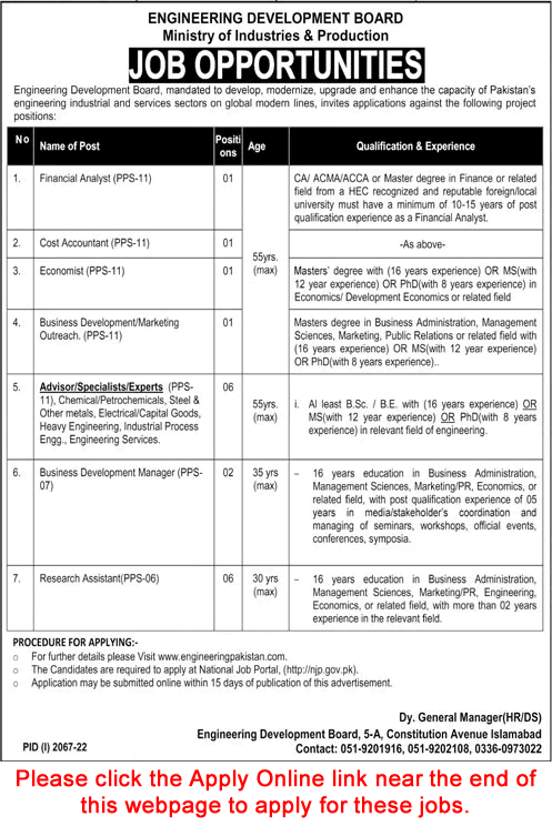 Ministry of Industries and Production Islamabad Jobs 2022 October Apply Online Engineering Development Board Latest