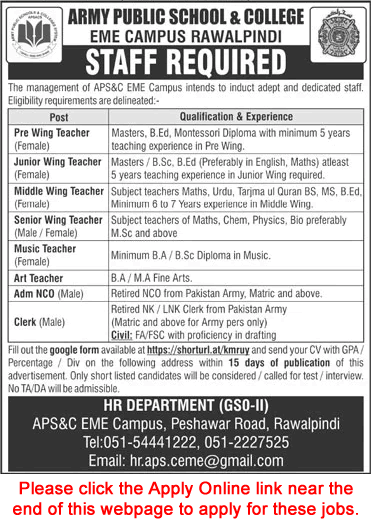 Army Public School and College EME Rawalpindi Jobs 2022 October Apply Online Teachers & Clerk Latest