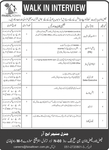 Faisal Town Pvt Ltd Rawalpindi Jobs October 2022 Security Guards, Data Entry Operators & Others Walk in Interview Latest