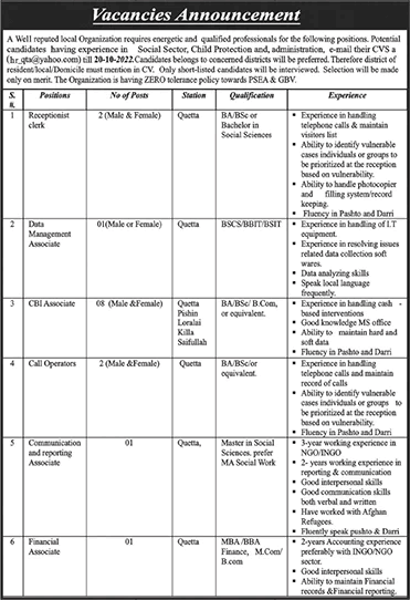 NGO Jobs in Balochistan October 2022 CBI Associates, Call Operators, Receptionist Clerk & Others Latest