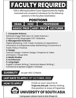 University of South Asia Lahore Jobs 2022 October Teaching Faculty & Others Latest