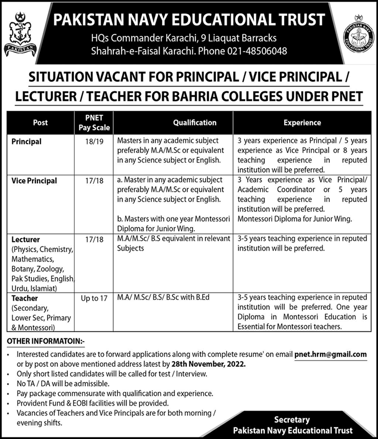 Pakistan Navy Educational Trust Jobs November 2022 Lecturers / Teachers & Others PNET Bahria Colleges Latest