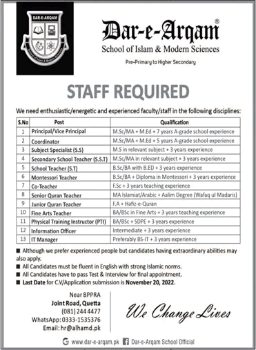 Dar e Arqam School Quetta Jobs November 2022 Teachers & Others Latest