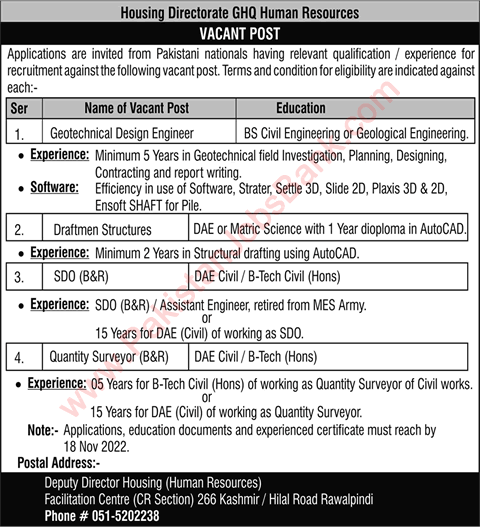 Housing Directorate GHQ Rawalpindi Jobs 2022 November Draftsman, SDO & Others Latest