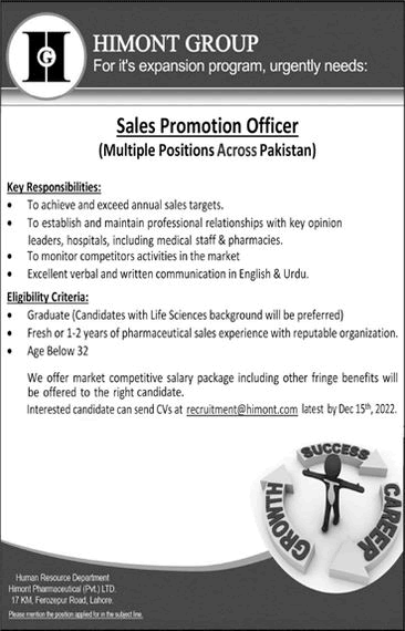 Sales Promotion Officer Jobs in Himont Group Pakistan 2022 December Latest