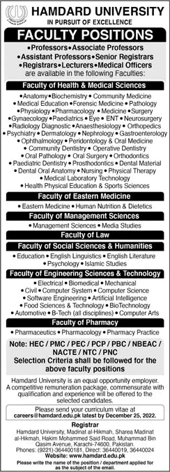 Hamdard University Karachi Jobs December 2022 Teaching Faculty & Medical Officers Latest