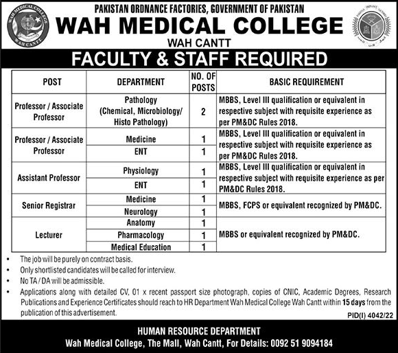 Wah Medical College Wah Cantt Jobs December 2022 / 2023 Teaching Faculty Latest