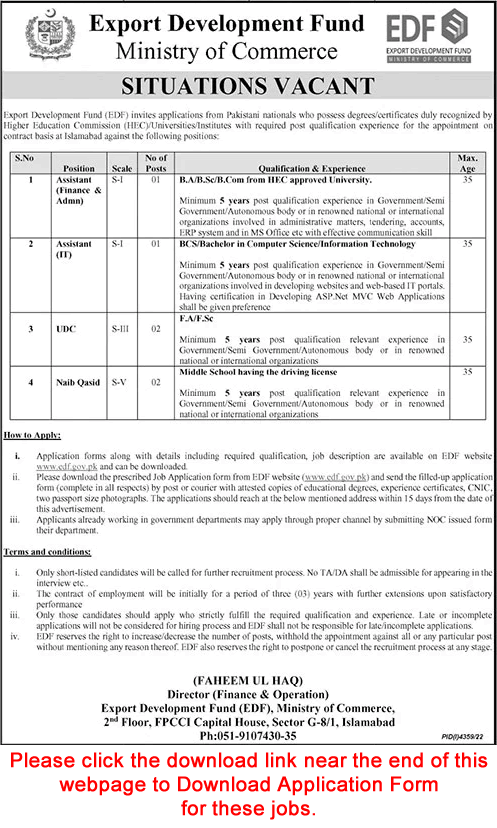 Export Development Fund Islamabad Jobs 2023 Application Form Clerks, Naib Qasid & Others Latest