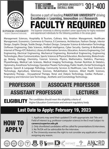 Teaching Faculty Jobs in Superior University 2023 February Latest