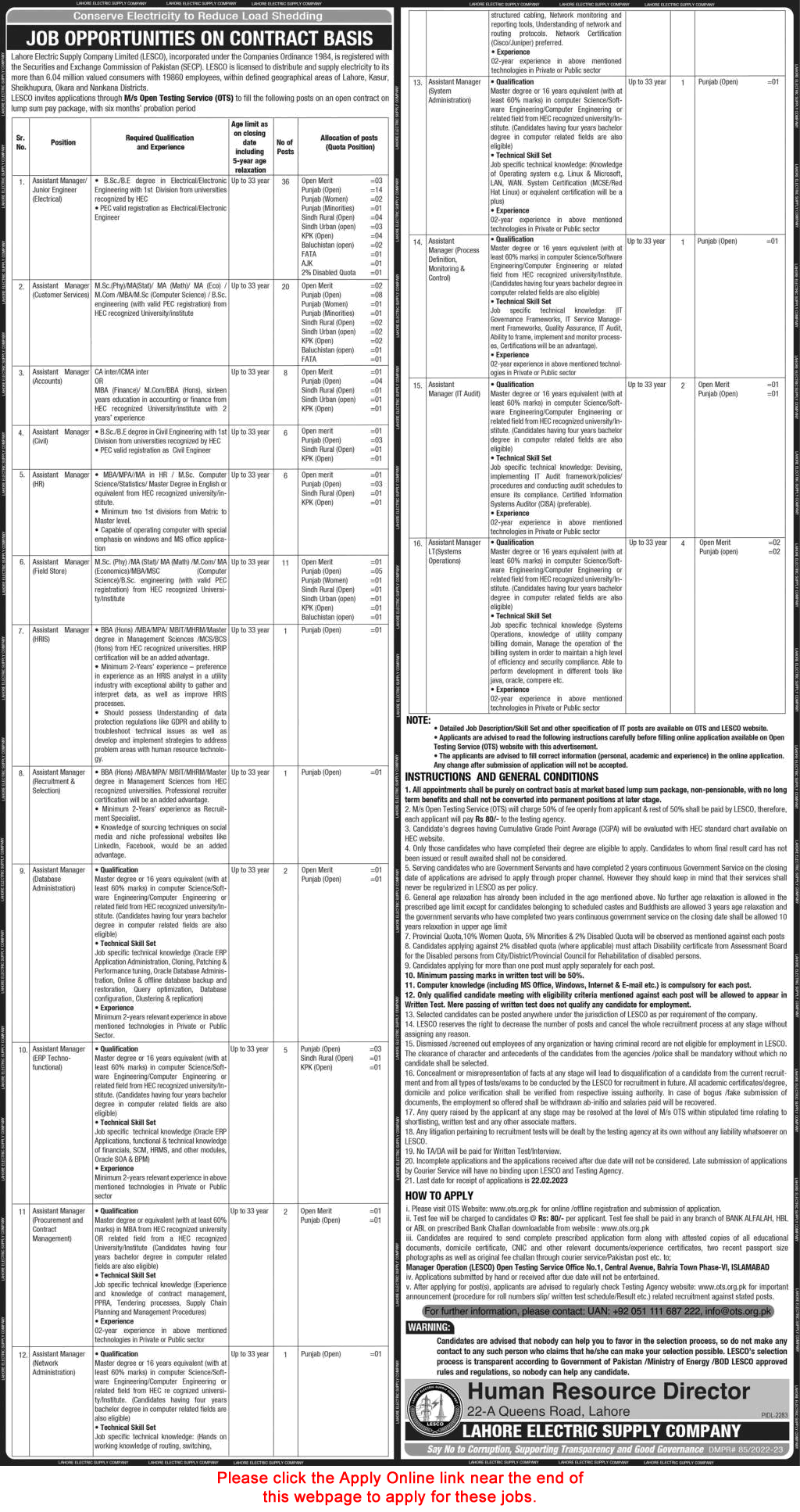 LESCO Jobs 2023 February WAPDA OTS Apply Online Electrical Engineers & Assistant Managers Latest