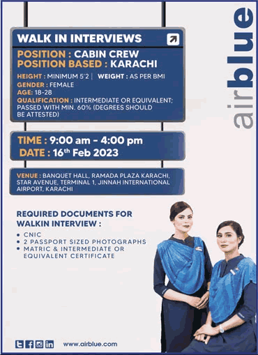 Airhostess Jobs in Air Blue February 2023 Female Cabin Crew Walk in Interview Latest