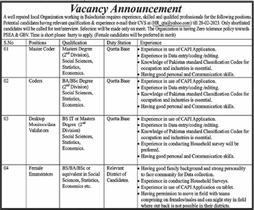 NGO Jobs in Balochistan February 2023 Female Enumerators, Coders & Others Latest