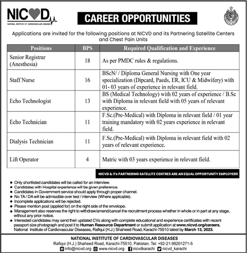 NICVD Karachi Jobs 2023 February Staff Nurses, Medical Technicians & Others Latest