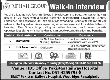 Riphah Group Rawalpindi Jobs 2023 March Staff Nurse & Receptionist Walk in Interview Latest