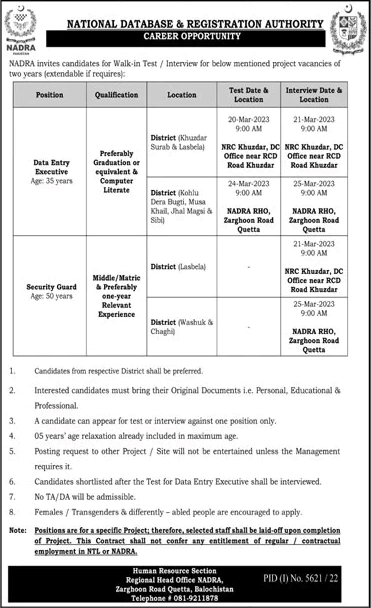 NADRA Balochistan Jobs 2023 March Walk in Interview Data Entry Operators & Security Guards Latest