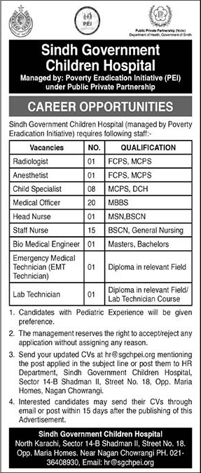 Sindh Government Children Hospital Karachi Jobs 2023 March Medical Officers, Nurses & Others Latest