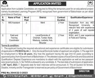 Accelerated Learning Program Balochistan Jobs 2023 March NFE Field and Training Coordinator & MIS Assistant Latest