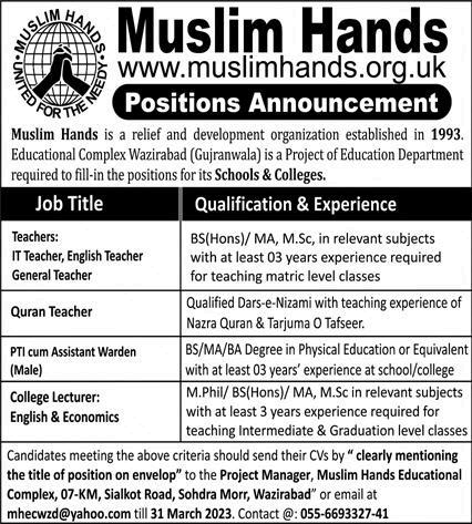 Muslim Hands Educational Complex Wazirabad Jobs 2023 March Teachers & Others Latest