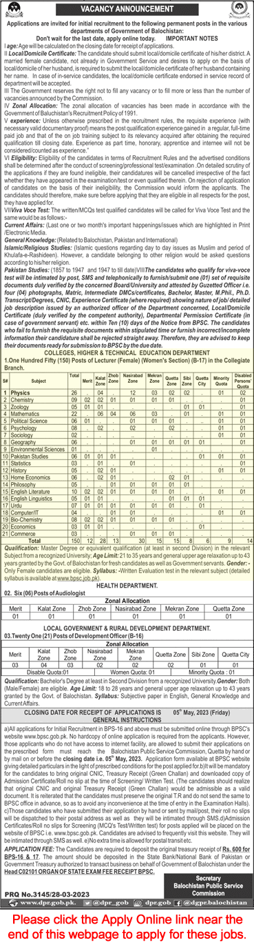 Lecturer Jobs in College Higher and Technical Education Department Balochistan 2023 March / April BPSC Apply Online Latest