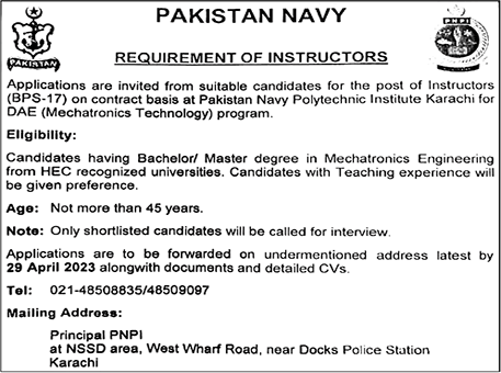 Instructor Jobs in Pakistan Navy Polytechnic Institute Karachi 2023 April Latest