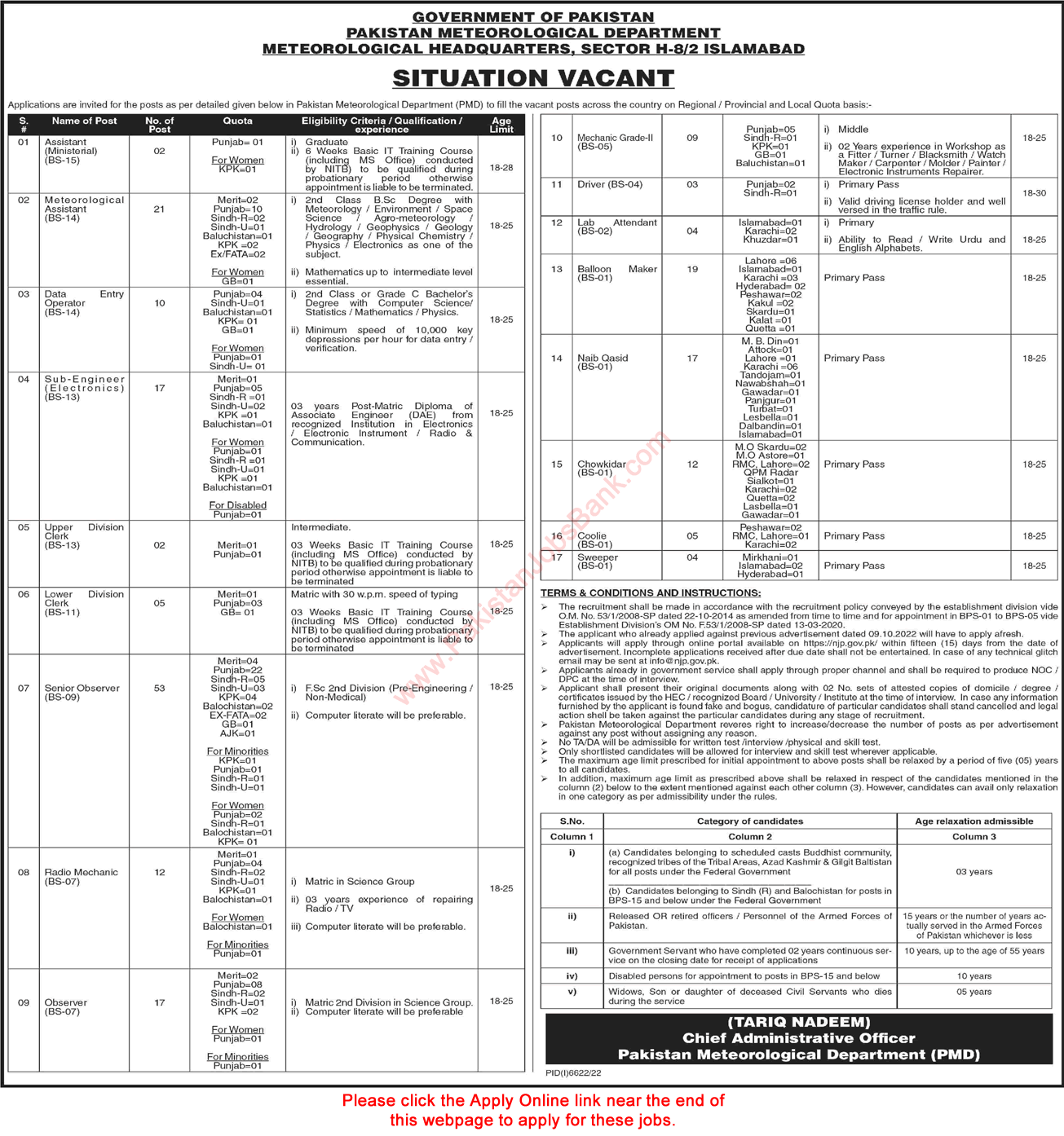 Pakistan Meteorological Department Jobs 2023 May Apply Online PMD Observers & Others Latest
