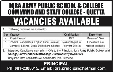 Iqra Army Public School and College Quetta Jobs 2023 July Teaching Faculty & Physiotherapist Latest