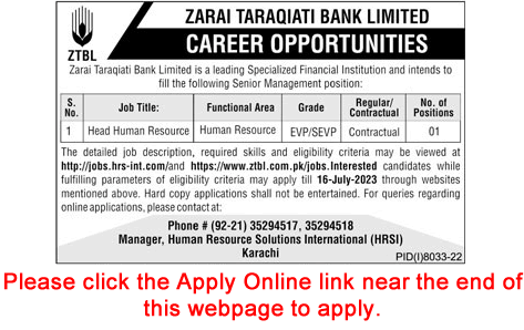 HR Head Jobs in ZTBL July 2023 Apply Online Zarai Taraqiati Bank Limited Latest