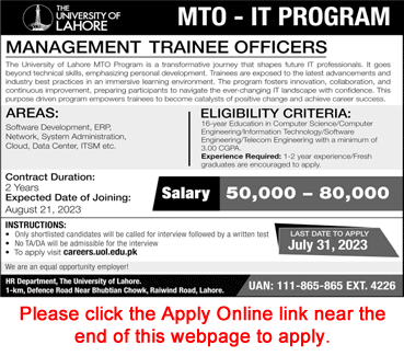 Management Trainee Officer Jobs in University of Lahore July 2023 MTO Program Latest
