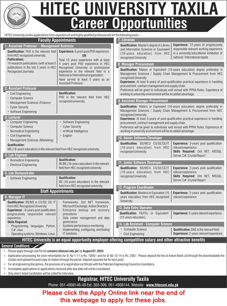 HITEC University Taxila Jobs 2023 July / August Apply Online Teaching Faculty & Others Latest