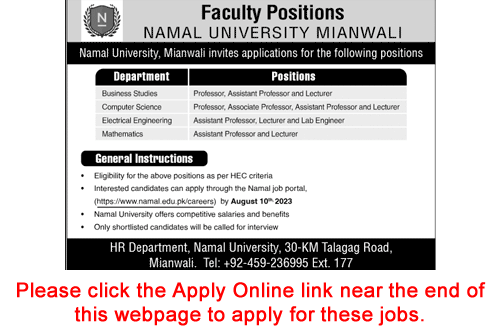 Namal University Mianwali Jobs July 2023 August Apply Online Teaching Faculty Latest