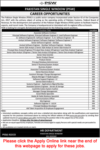 Pakistan Single Window Jobs August 2023 PSW Apply Online Software Engineers, SQA Analysts & Others Latest