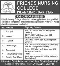 Friends Nursing College Islamabad Jobs 2023 August Lecturers, Lab Incharge & Others Latest