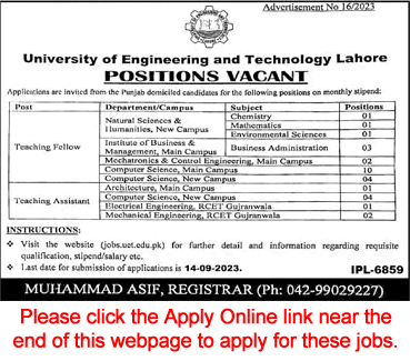UET Lahore Jobs August 2023 Apply Online Teaching Fellows & Assistants Latest
