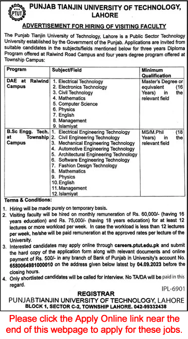 Visiting Faculty Jobs in Punjab Tianjin University of Technology Lahore August 2023 PTUT Apply Online Latest