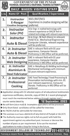 Instructor Jobs in TEVTA Rawalpindi September 2023 Government College of Technology Latest