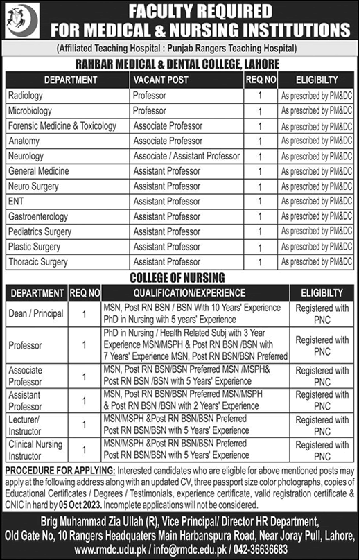 Rahbar Medical and Dental College Lahore Jobs 2023 September Teaching Faculty & Others Latest