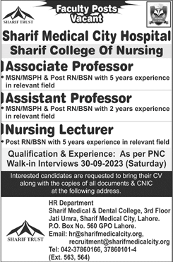 Sharif Medical and Dental College Lahore Jobs September 2023 Teaching Faculty Sharif College of Nursing Walk in Interview Latest