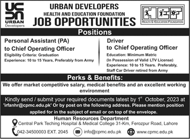 Urban Developers Lahore Jobs 2023 September Personal Assistant & Driver Latest