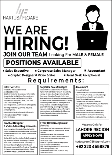 Hartus Floare Lahore Jobs 2023 September Sales Executive & Others Latest