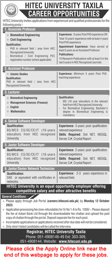 HITEC University Taxila Jobs October 2023 Apply Online Teaching Faculty & Others Latest