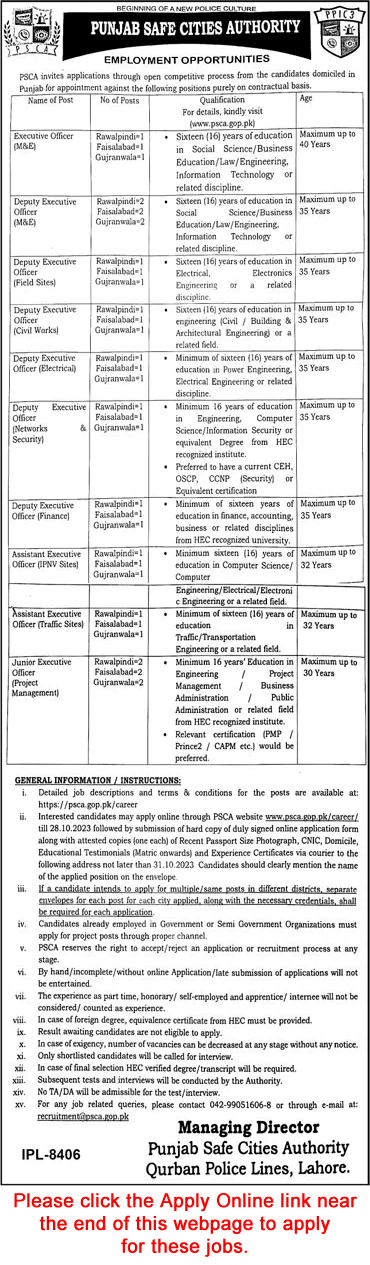 Executive Officer Jobs in Punjab Safe City Authority October 2023 PSCA PPIC3 Apply Online Latest