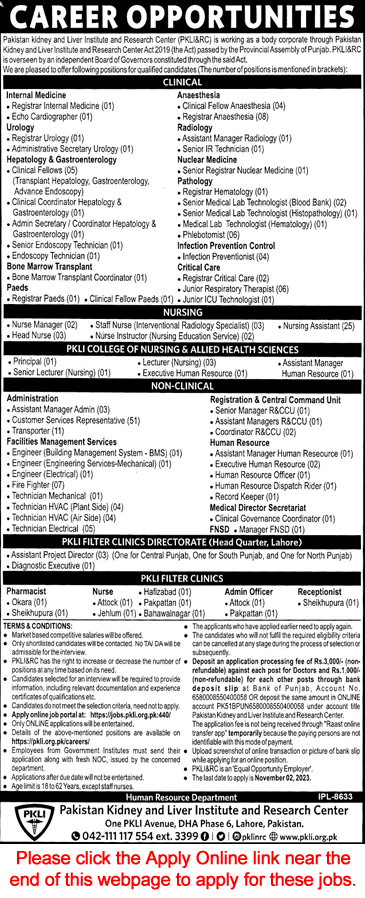 PKLI Jobs October 2023 Apply Online Pakistan Kidney and Liver Institute and Research Center Latest