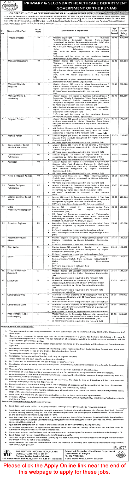 Primary and Secondary Healthcare Department Punjab Jobs October 2023 NTS Apply Online Producers & Others Latest